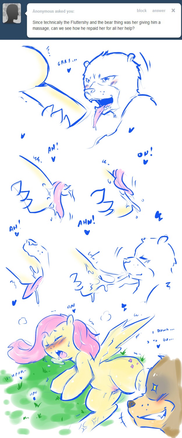 bear blush bodily_fluids brown_body brown_fur cold-blooded-twilight comic cutie_mark duo e621 english_text equid equine feathered_wings feathers feet female feral fluttershy_(mlp) foot_fetish foot_lick foot_play friendship_is_magic fur genitals grass hair hasbro heart_symbol hi_res licking male male/female mammal my_little_pony mythological_creature mythological_equine mythology open_mouth pegasus pink_hair plant saliva simple_background text tongue tongue_out tumblr vulva wings yellow_body yellow_feathers yellow_fur