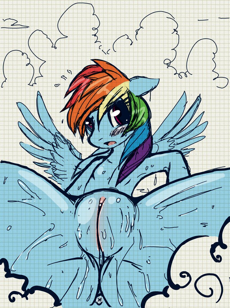 anthro anthrofied anus biped blue_body blue_feathers blue_fur blush butt e621 equid equine feathered_wings feathers female friendship_is_magic fur genitals hair hasbro mammal mirapony multicolored_hair my_little_pony mythological_creature mythological_equine mythology open_mouth pegasus plump_labia rainbow_dash_(mlp) rainbow_hair solo vulva wings