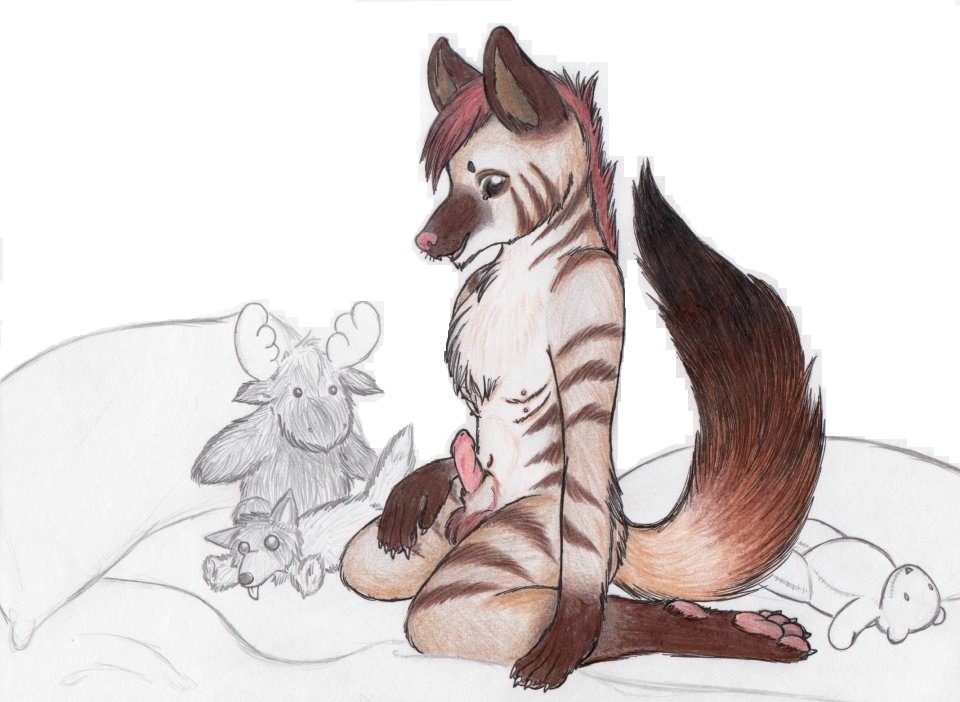 aardwolf adrien_(shinetroll) anthro bear bed canid canine canis deer e621 erection furniture genitals grammarshinehyena hyena male mammal moose new_world_deer penis pillow plushie solo striped_hyena stripes tail wolf
