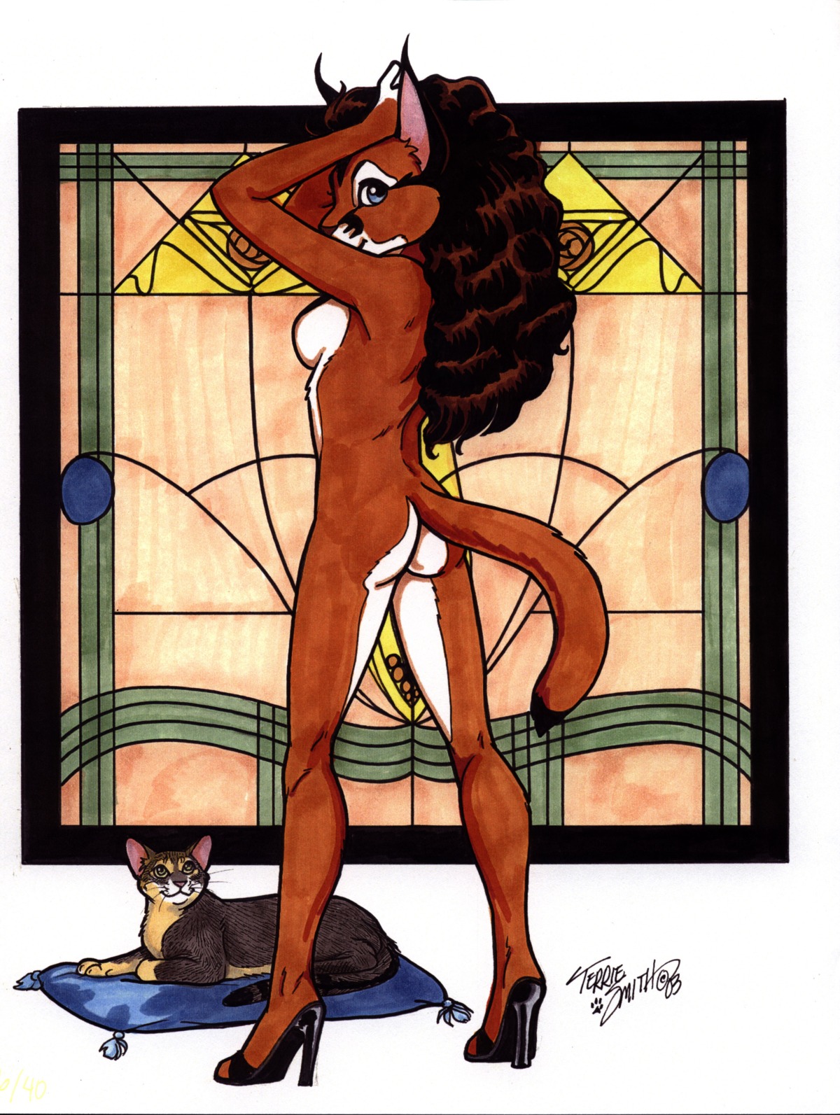 anthro ass breasts caracal feline female furries_with_pets furry high_heels high_resolution house_cat naked_footwear naked_heels nude pet raised_arm rule34 sideboob terrie_smith