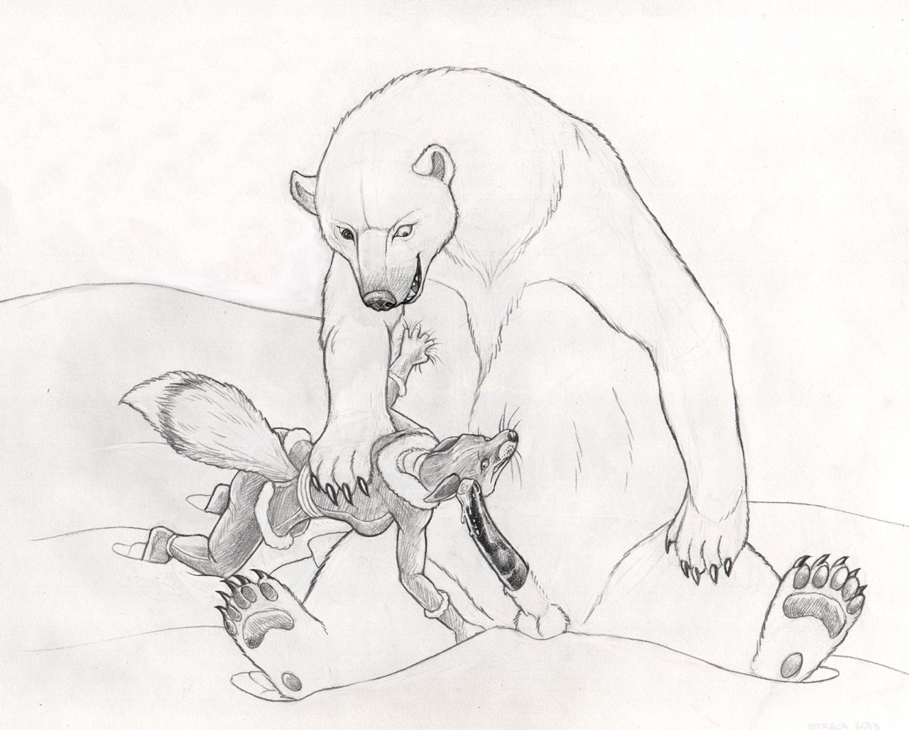 animal_genitalia anthro anthro_on_feral balls bear bestiality bodily_fluids boots bottomwear canid canine claws clothed clothing coat dominant duo e621 erection fangs female feral footwear forced fox fur_trim_(clothing) genital_fluids genitals greyscale heterochromia interspecies larger_dom larger_male male male/female mammal monochrome nude outside pants parka pawpads paws penis polar_bear precum sheath shoes size_difference smaller_female snow strega teeth topwear traditional_media_(artwork) ursine
