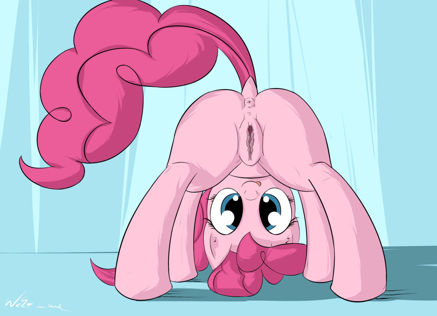 2013 all_fours anus big_eyes blue_eyes butt e621 earth_pony equid equine female feral friendship_is_magic fur genitals hair hasbro hi_res horse inviting looking_at_viewer looking_back looking_through looking_through_legs mammal my_little_pony neko-me pink_body pink_fur pink_hair pinkie_pie_(mlp) playful pony pose solo tongue tongue_out vulva