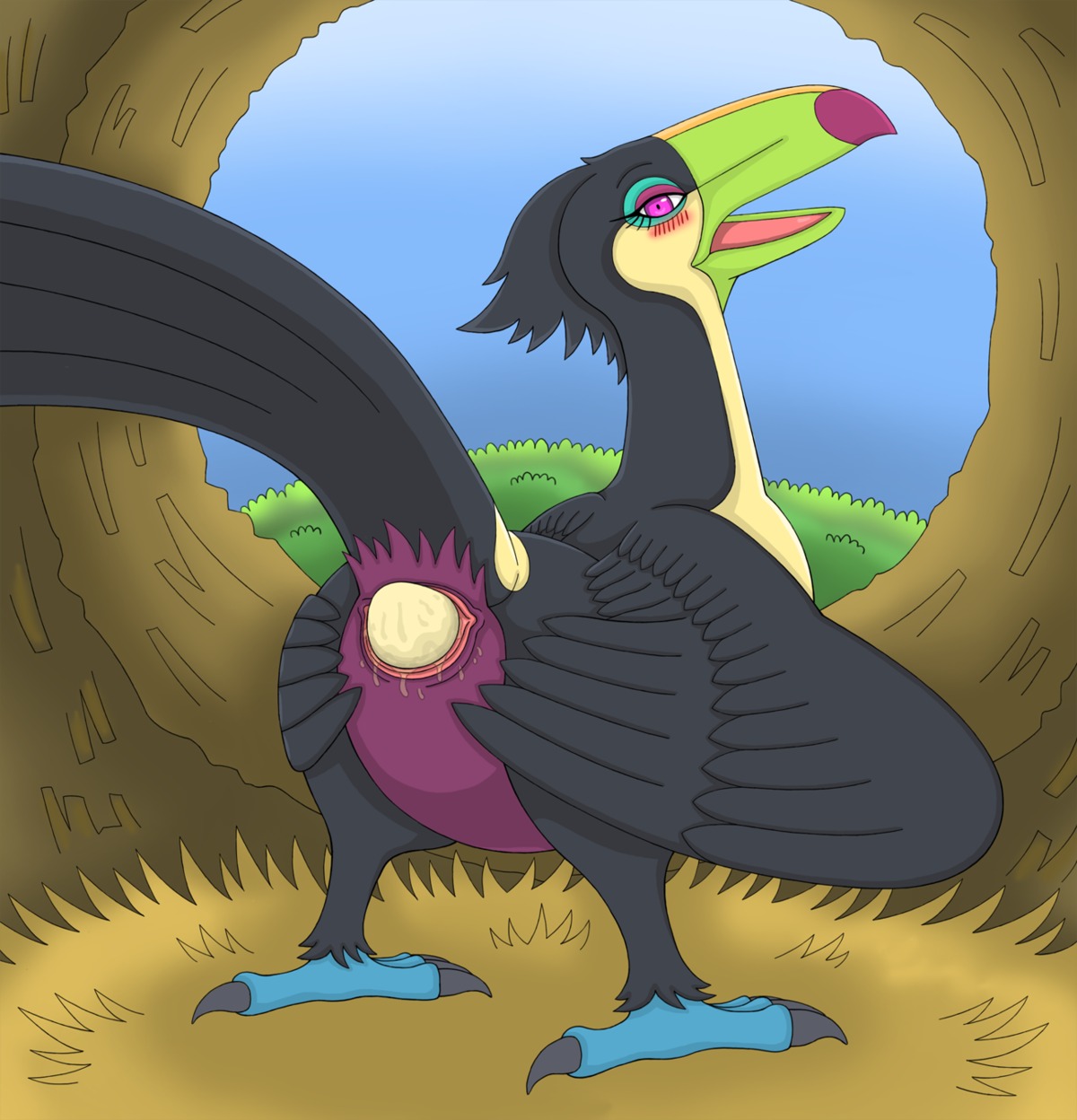 animal_genitalia avian avian_butt beak bird black_body black_feathers blue_sky_studios blush bodily_fluids cloaca e621 egg eva_(rio) fang_asian feathered_wings feathers female feral genital_fluids genitals hi_res horizontal_cloaca keel-billed_toucan looking_at_viewer open_mouth oviposition piciform presenting purple_eyes rio_(series) solo toony toucan true_toucan vaginal_fluids wet wings