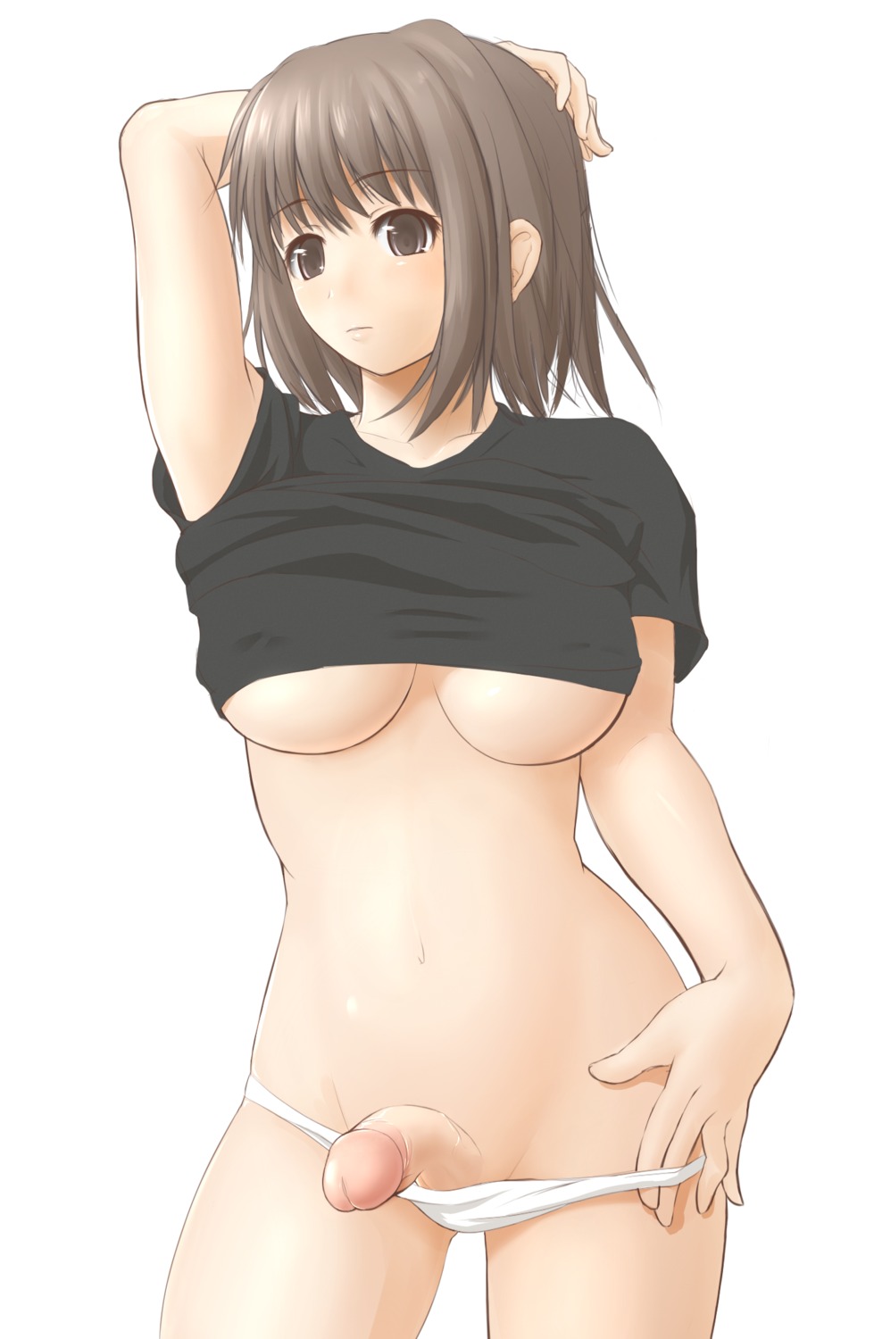 1futa arm_behind_head breasts brown_eyes brown_hair flaccid futa_only futanari half-erect hand_on_hip highres hips intersex navel panties penis rule34 shirt_lift simple_background solo uncensored underboob underwear zi-shot