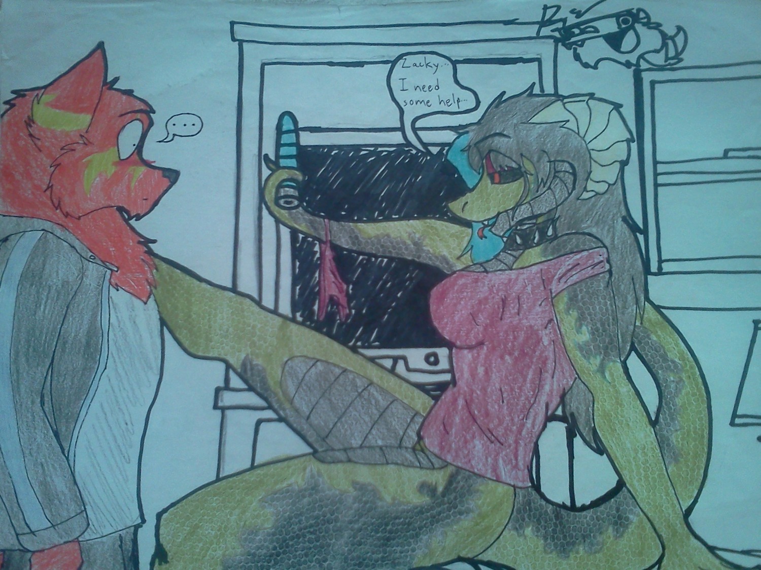 4:3 anthro bed big_breasts blush bottomless breasts canid canine clothed clothing collar dialogue dragon duo e621 emberfang english_text eyeshadow female fox furniture hair hi_res horn incest_(lore) makeup male mammal mythological_creature mythological_scalie mythology panties redgreenfluffball scalie sex_toy shirt sibling_(lore) sister_(lore) spiked_collar spikes tail text tongue topwear underwear zach_snowfox