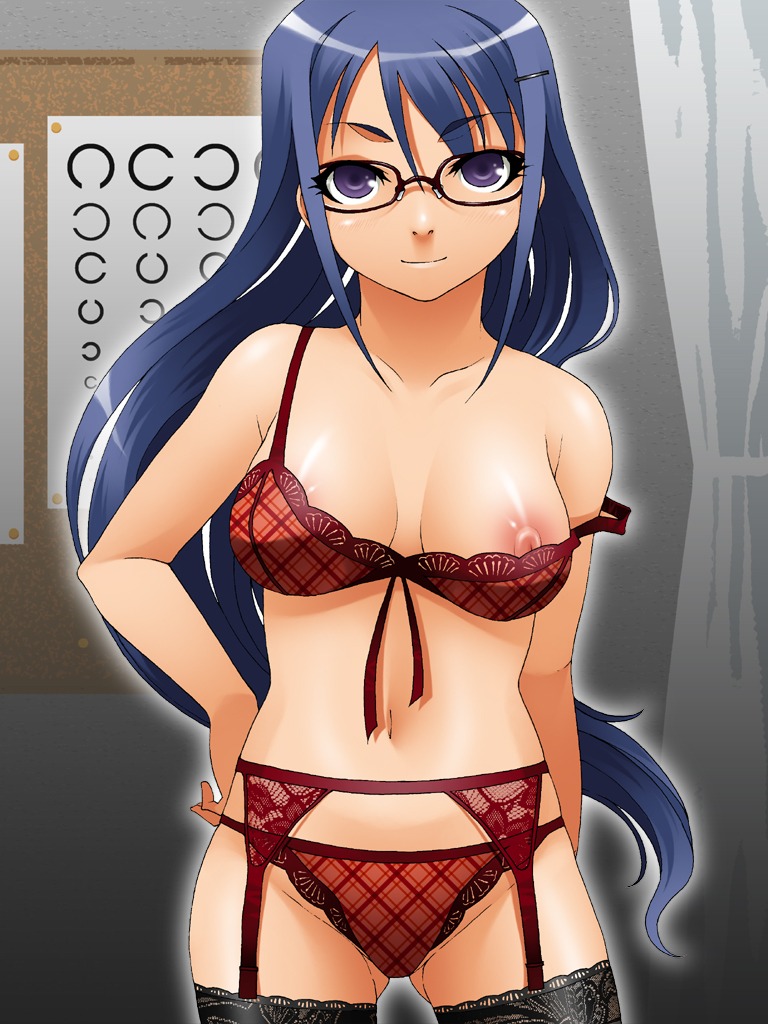 blue_hair bra breasts eyewear female garter_belt glasses hair lingerie long_hair medium_breasts navel nipple_slip nipples purple_eyes rule34 thighhighs underwear