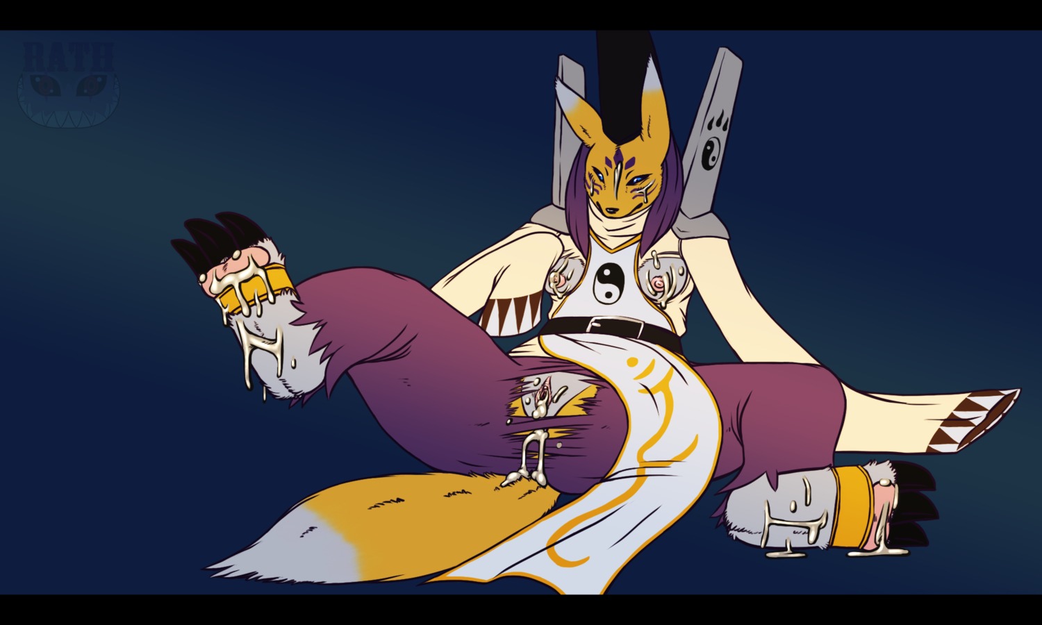 5:3 after_sex anthro bandai_namco black_bars black_body black_nose black_skin blue_background bodily_fluids bottomwear breasts canid canine claws clothing cum cum_in_ass cum_in_vagina cum_inside cum_on_chest cum_on_feet cum_on_tail digimon digimon_(species) digimorph e621 feet female fur genital_fluids genitals hi_res letterbox mammal narrowed_eyes nipples pants pawpads paws pink_body pink_skin presenting presenting_vulva raised_arm raised_leg rathmutatio shirt simple_background solo spread_legs spreading squint tail taomon toe_claws topwear torn_clothing vulva white_body white_fur yellow_body yellow_fur