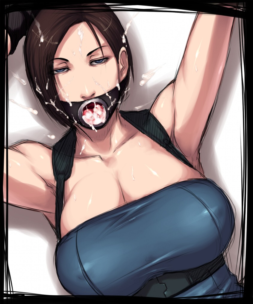 1girls 2d after_fellatio after_rape after_sex arms_above_head arms_up bad_end biohazard blue_eyes bondage breasts brown_hair capcom cleavage cum cum_in_hair cum_in_mouth cum_on_face cum_on_tongue empty_eyes erect_nipples female female_only femsub fucked_silly full_color fully_clothed gag gagged game_over hair huge_breasts human jill_valentine jill_valentine_(julia_voth) large_breasts nipples on_back open_mouth_gag resident_evil resident_evil_3 ring_gag rule34 sawao solo solo_female straight_hair tubetop