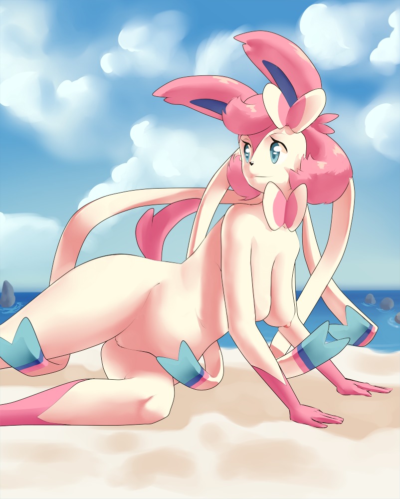 accessory anthro anthrofied beach big_breasts blue_eyes blush bow_ribbon breasts canid canine cloud curvy_figure detailed_background e621 eeveelution female fur generation_6_pokemon genitals hair hair_accessory hair_bow hair_ribbon long_hair looking_at_viewer looking_back mammal nintendo nipples nude open_mouth outside pienji pink_body pink_fur pink_hair pokemon pokemon_(species) pokemorph ribbons sand sea seaside short_hair sky solo sylveon voluptuous vulva water wide_hips