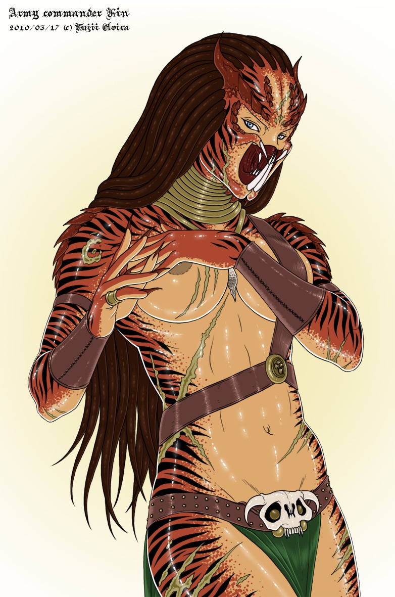 abs alien blue blue_eyes braid breasts brown_hair claws dark_hair facial_markings female female_yautja fiji-fujii horns long_hair looking_at_viewer markings muscles nipples open_mouth predator rule34 scar solo spots stripes text topless two-tone_skin uncensored yautja