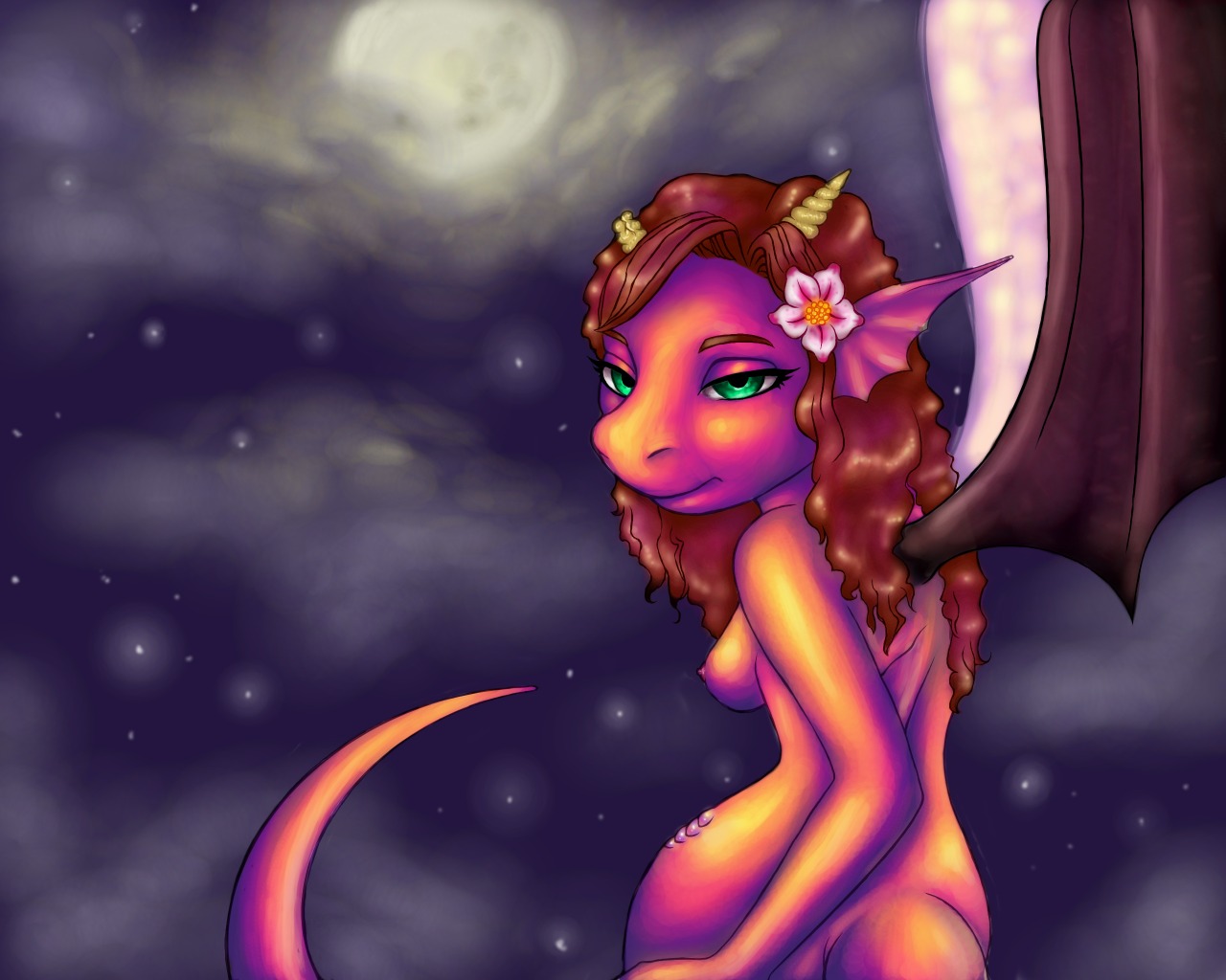 anthro breasts dogslug dragon female flower green_eyes looking_back nude rule34 sideboob solo wings