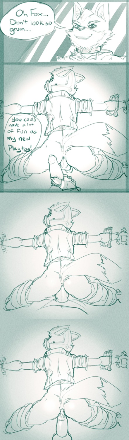 absurd_res anal anal_penetration anthro balls bdsm bodily_fluids bondage bound canid canine canis clothing collar comic cum dialogue duo e621 english_text erection forced fox fox_mccloud fritzlesticks gag gagged genital_fluids genitals hi_res male male/male male_penetrated male_penetrating male_penetrating_male mammal muzzle_(object) muzzled nintendo orgasm penetration penis rape sex smile star_fox tail text wolf wolf_o'donnell