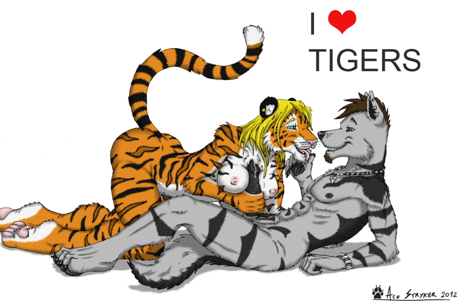 2012 ace_stryker anthro blonde_hair blue_eyes bodily_fluids breasts brown_eyes brown_hair canid canine canis duo e621 erection felid female genital_fluids genitals hair hi_res male male/female mammal muscular muscular_male nipples nude pantherine pawpads paws penis precum tail tiger wolf