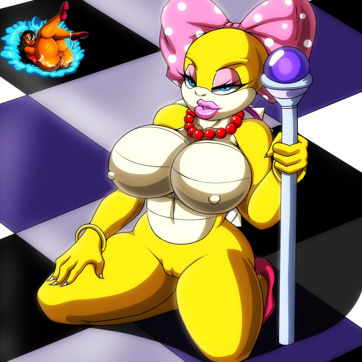 1:1 accessory anthro big_breasts black_hair blue_eyes bow_(feature) bow_accessory bow_ribbon bracelet breasts brown_body brown_skin butt centered_hair_bow demon_royal dragon_koopa e621 eyewear female genitals hair hair_accessory hair_bow hair_ribbon hi_res human jewelry koopa koopaling lips looking_at_viewer mammal mario_bros masturbation melee_weapon necklace nintendo nipples non-mammal_breasts non-mammal_nipples pattern_accessory pattern_bow polearm ribbons scalie solo spotted_accessory spotted_bow staff sunglasses super_mario_bros._3 thick_lips vaginal vaginal_masturbation vulva weapon wendy_o._koopa