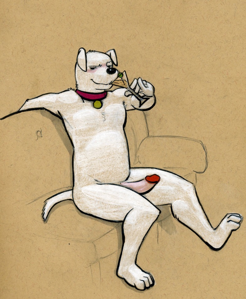 2011 alcohol anthro beverage black_nose blush brian_griffin canid canine canis circumcised collar domestic_dog e621 erection eyebrows family_guy fur genitals holding_glass holding_object humanoid_genitalia humanoid_penis looking_at_viewer male mammal nude penis raised_eyebrow simple_background slightly_chubby solo tail traditional_media_(artwork) tush_(artist) white_body white_fur