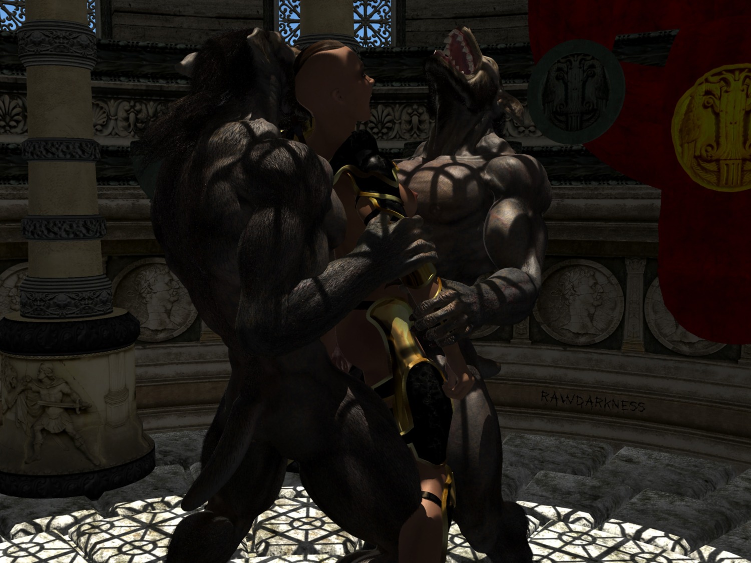 2010 3d_(artwork) 4:3 abs anthro armor biceps big_muscles breasts canid canine canis digital_media_(artwork) e621 female female_on_anthro flexing group hi_res huge_muscles human human_on_anthro interspecies male male/female mammal muscular muscular_male mythological_canine mythological_creature mythology pecs rawdarkness sex triceps werecanid werecanine werecreature werewolf wolf