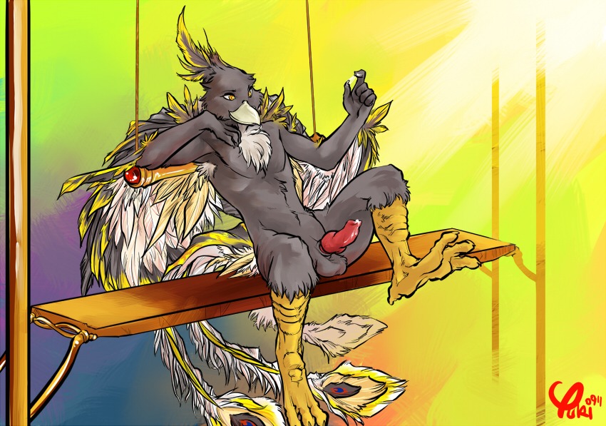 2009 anthro armpit_hair avian beak biped bird bodily_fluids body_hair claws cum e621 erection feathers feet genital_fluids genitals grey_body grey_feathers knot leaning light male markings nude penis reclining sitting smile solo sun sunlight swing talons toes yellow_eyes yellow_markings yuki-chi