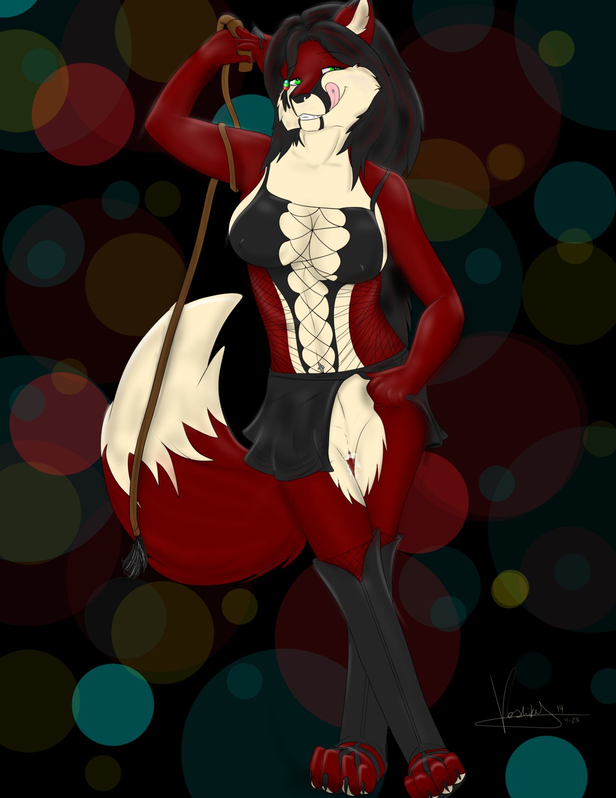 absurd_res anthro breasts canid canine e621 female fox genitals happy hi_res katie_fox looking_at_viewer mammal smile solo teasing voshiket vulva wet whip