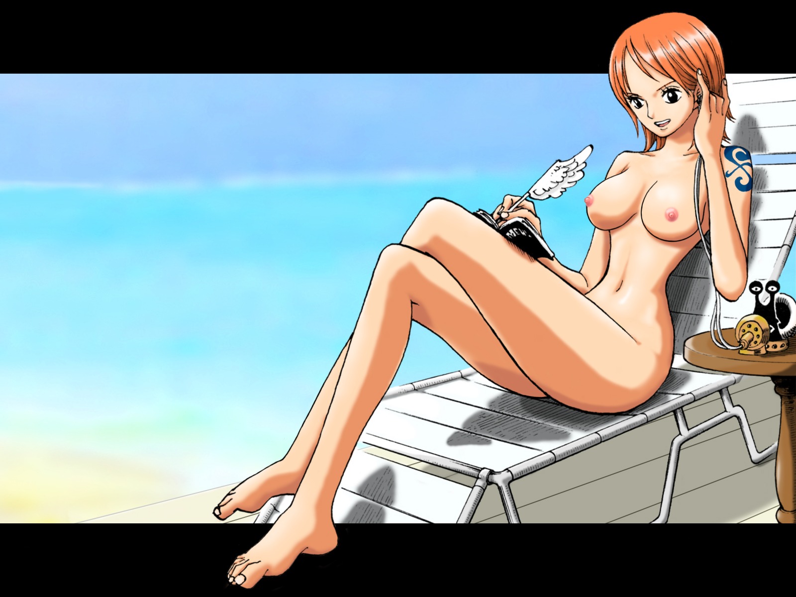 1girls accurate_art_style arm_tattoo artist_request barefoot blue_tattoo breasts color day female female_only highres human nami_(one_piece) nipples nude nude_filter one_piece orange-haired_female orange_hair outdoors pre-timeskip rule34 short_hair sitting solo straight_hair tattoo tattoo_on_arm tattooed_arm wallpaper writing