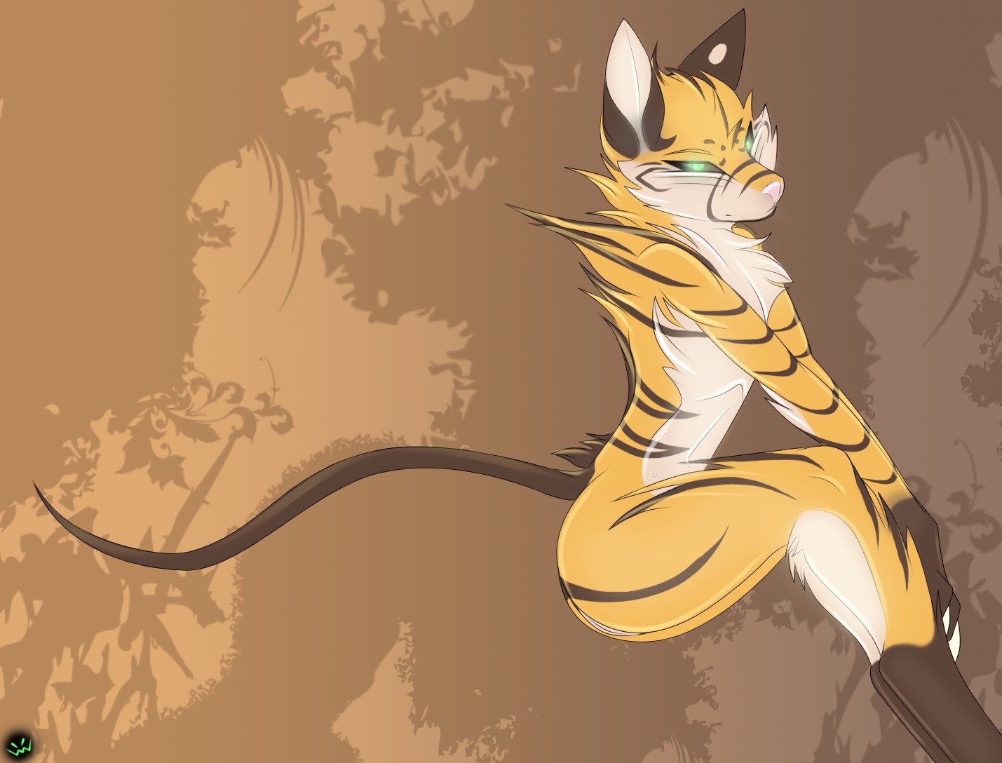 anthro chillswitch desktop e621 felid female genitals glowing glowing_eyes green_eyes hybrid looking_at_viewer mammal murid murine nude pantherine pinup pose rat rodent solo stripes tail tiger vulva xander_(chillswitch)
