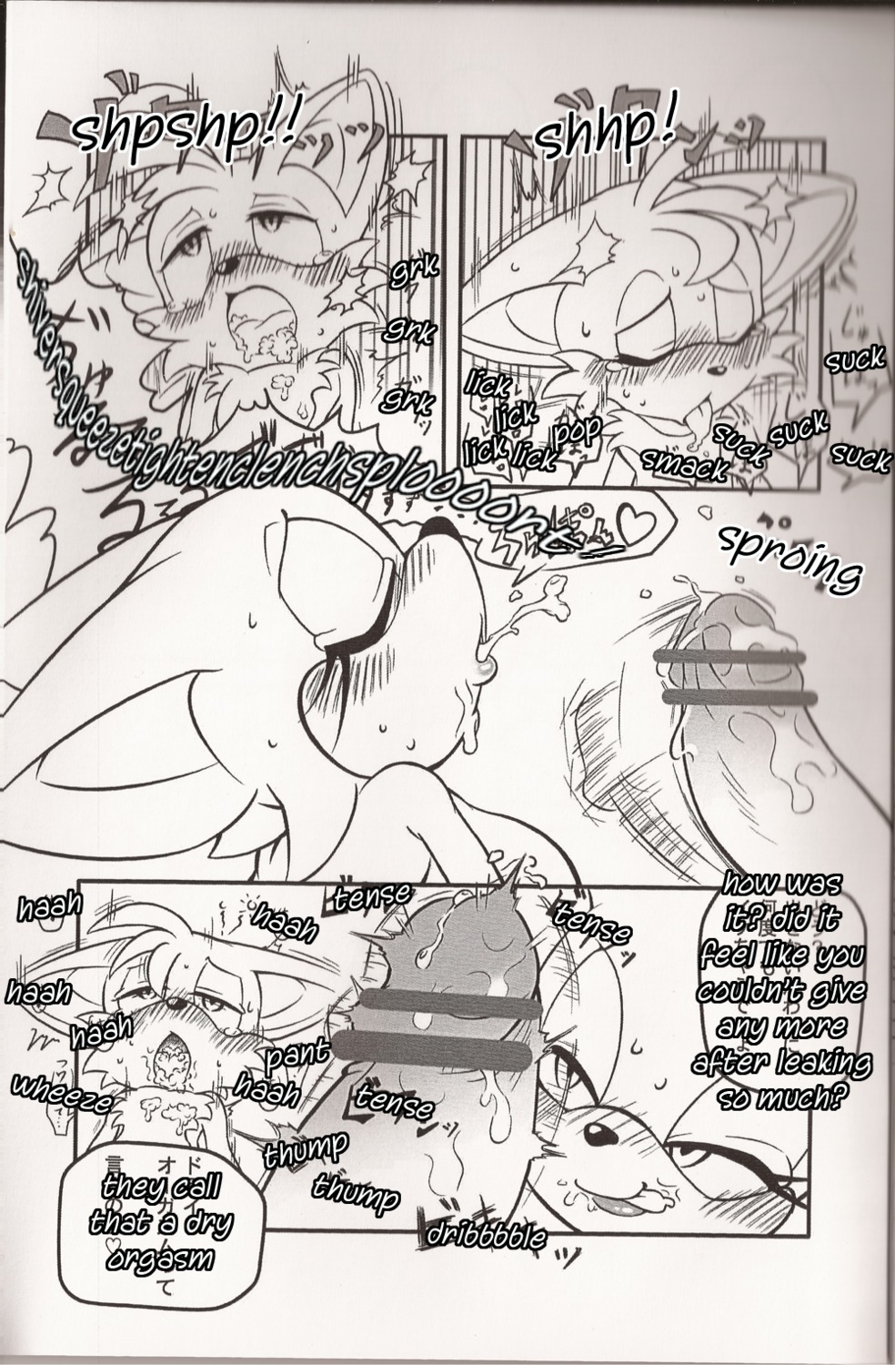 anthro bat big_breasts black_and_white breasts canine censored cum dialogue digital erection fellatio female fox fur male mammal monochrome oral oral_sex penis rouge_the_bat rule34 scan sega sex sonic_(series) sonic_the_hedgehog_(series) straight tails tails_the_fox