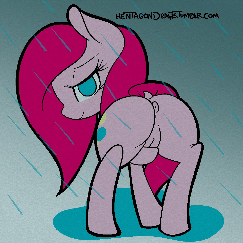 1:1 2014 anus bedroom_eyes blue_eyes butt cutie_mark e621 earth_pony equid equine female feral friendship_is_magic fur genitals hair half-closed_eyes hasbro hentagon horse looking_at_viewer looking_back mammal my_little_pony narrowed_eyes pink_body pink_fur pink_hair pinkamena_(mlp) pinkie_pie_(mlp) pony raining seductive smile solo text url vulva