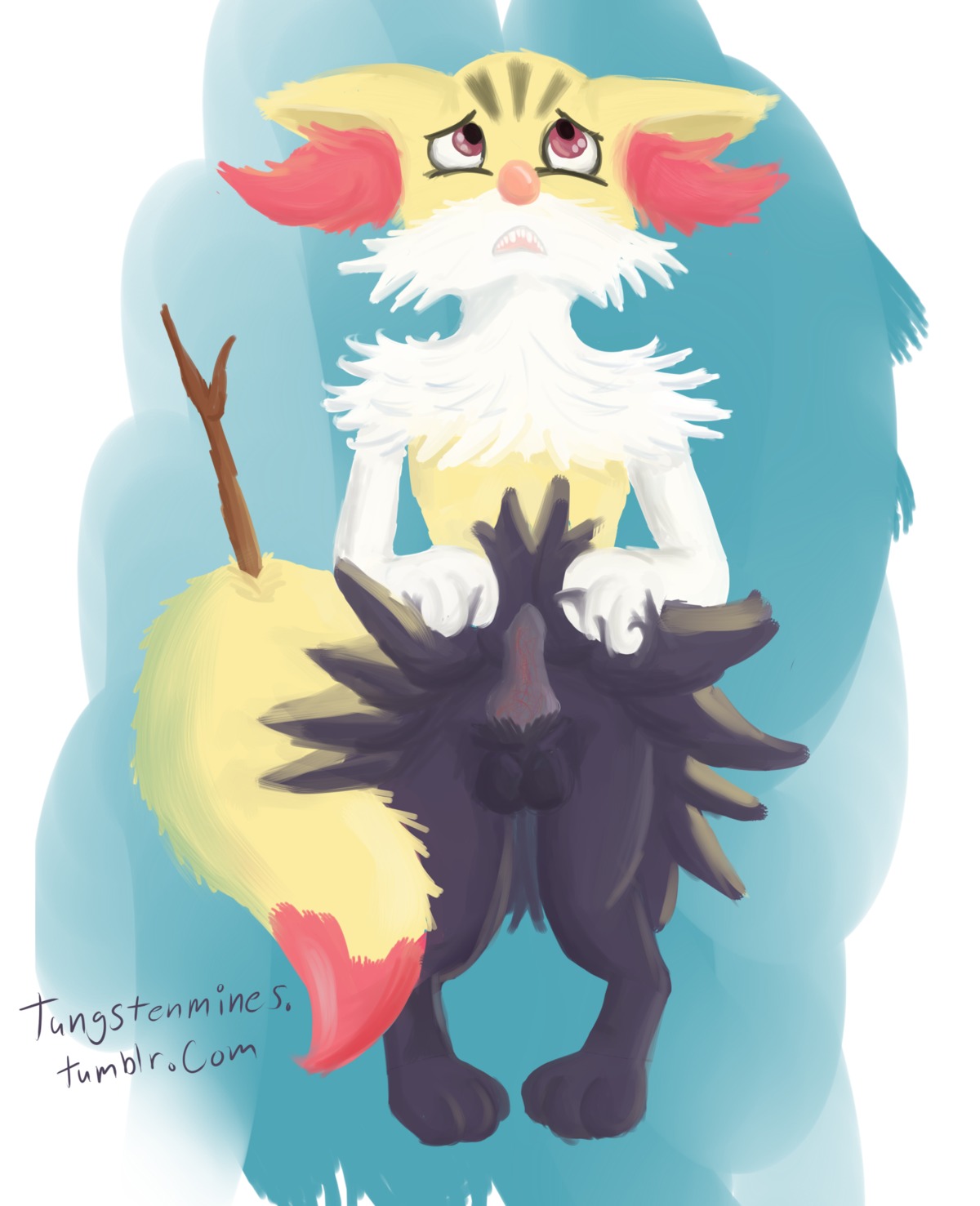 animal_genitalia animal_penis anthro balls braixen canid canine canine_genitalia canine_penis e621 embarrassed erection fur generation_6_pokemon genitals ginger-dilettante hi_res inner_ear_fluff knot male mammal nintendo open_mouth penis pokemon pokemon_(species) presenting red_eyes solo stick tuft white_body white_fur yellow_body yellow_fur