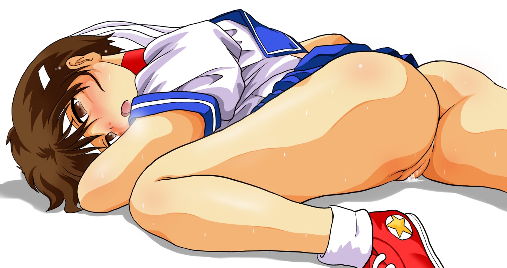ass blush bottomless cum female highres labia no_panties pussy rule34 sakura_kasugano saliva short_hair street_fighter sweat uncensored