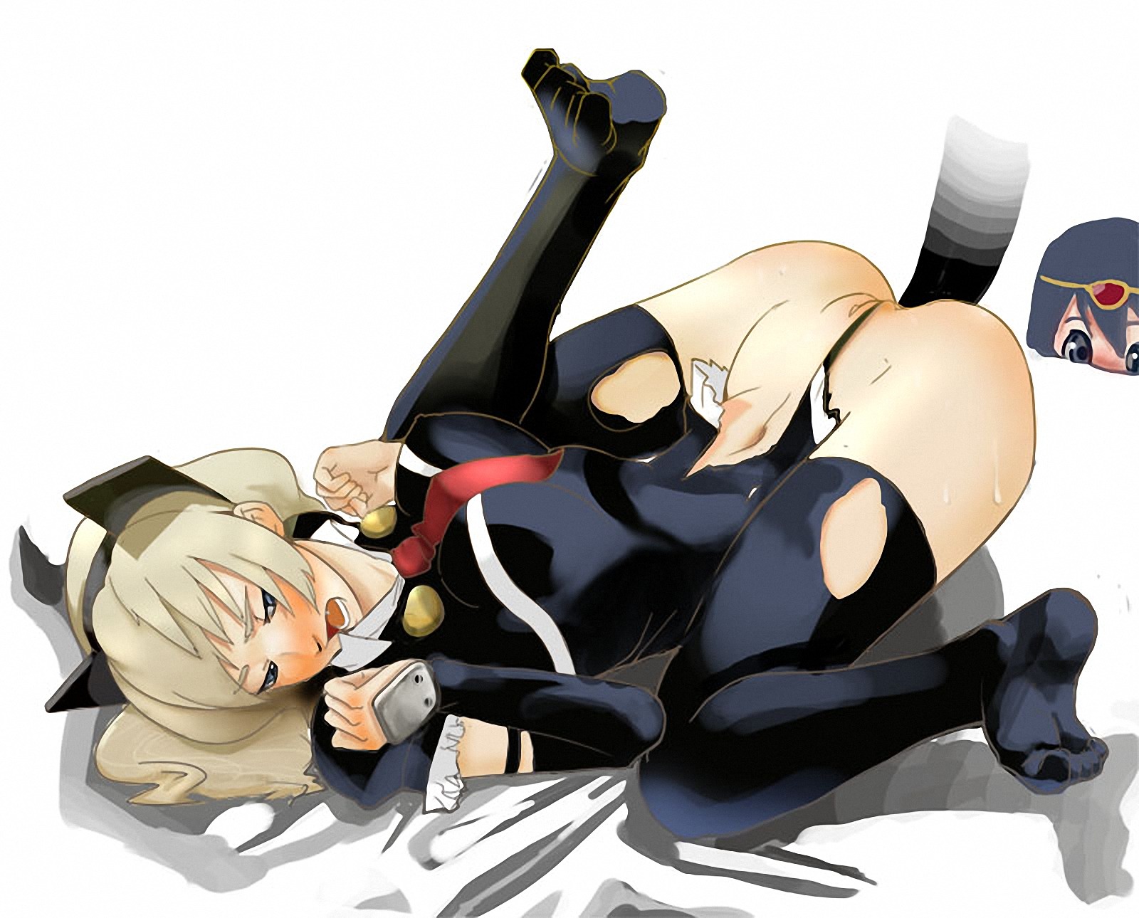 blush clothed_sex clothing druaga_no_tou fatina female highres ki_(druaga) lying navel rule34 sex stockings sweat thighhighs torn_clothes uncensored voyeur