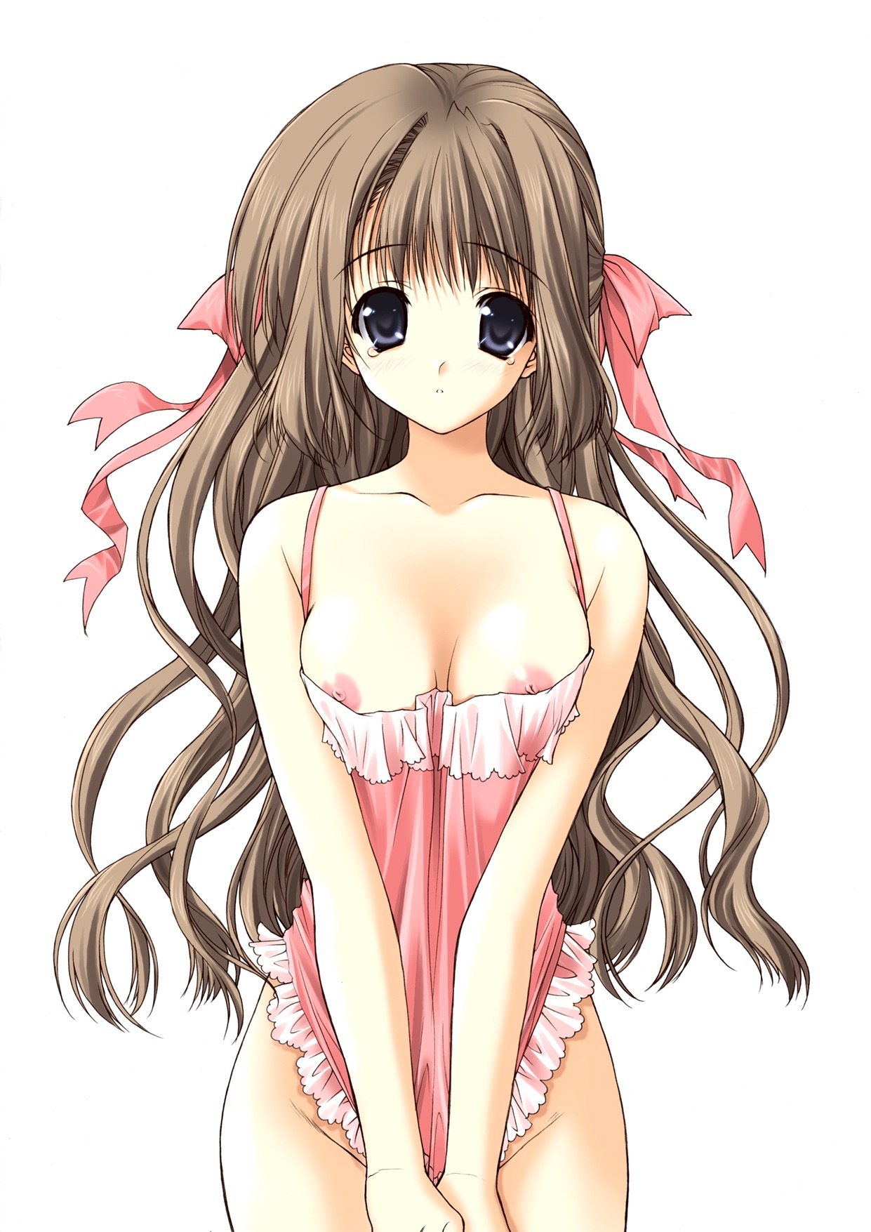 breasts cute dress dress_pull female highres hiro_suzuhira long_hair nipple_slip nipples no_panties pink_dress ribbon ribbons rule34 suzuhira_hiro tear
