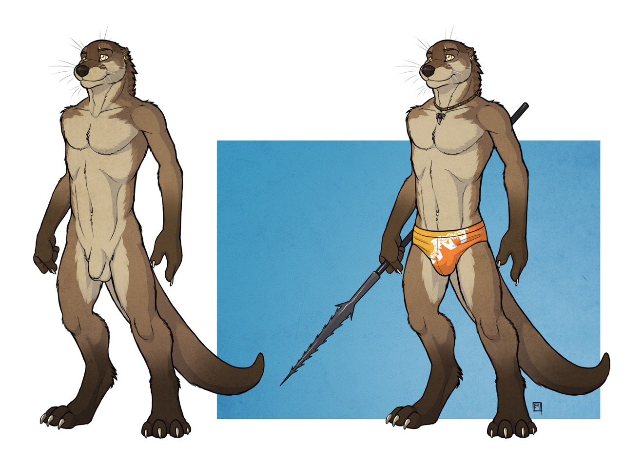 anthro athletic athletic_male balls barbell_piercing bulge clothed clothing digital_drawing_(artwork) digital_media_(artwork) e621 ear_piercing ear_ring eyebrow_barbell eyebrow_piercing facial_piercing flaccid genitals holding_melee_weapon holding_object holding_polearm holding_spear holding_weapon kiva_(tsaiwolf) male mammal melee_weapon multiple_piercings multiple_versions mustelid navel navel_piercing neck_muscles nude off/on otter penis piercing polearm ring_piercing solo spear speedo swimwear tail topless tsaiwolf weapon yellow_eyes
