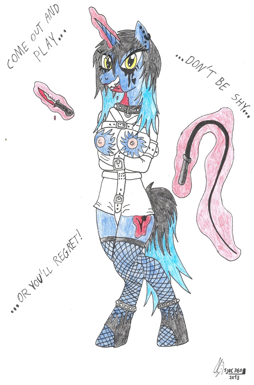 5j4c720 anthro bdsm bondage bound breasts clothing e621 equid equine fan_character female hasbro hi_res horn jacket knife mammal my_little_pony mythological_creature mythological_equine mythology simple_background solo submissive submissive_female tail topwear unicorn white_background