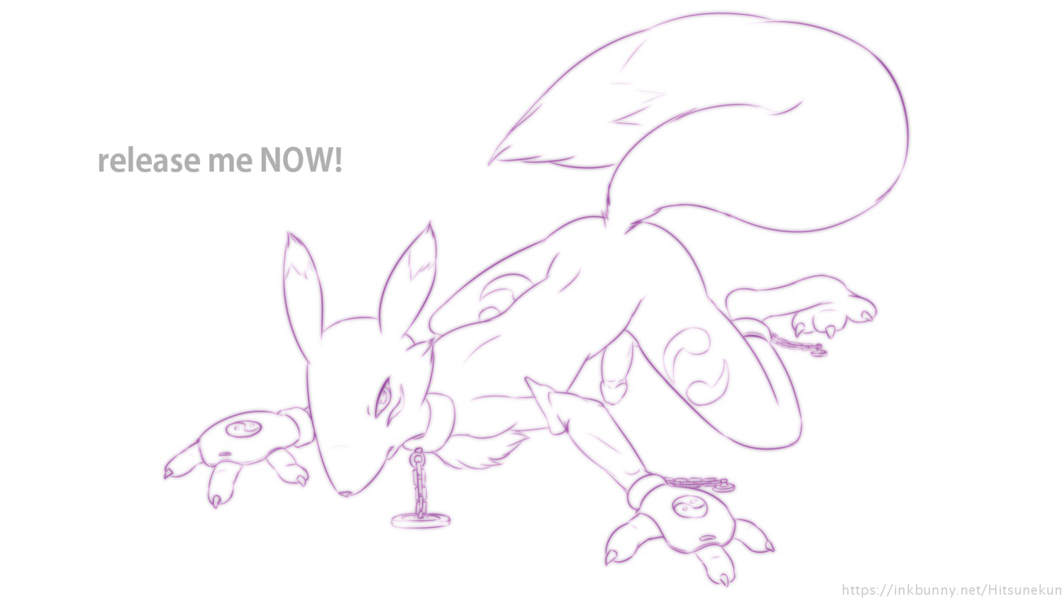 16:9 all_fours anthro bandai_namco black_and_white bound canid canine chain chained claws clothing digimon digimon_(species) e621 english_text facial_markings fur genitals gloves handwear head_markings hi_res hitsunekun humanoid_genitalia humanoid_penis looking_at_viewer male mammal markings monochrome penis renamon solo text url widescreen