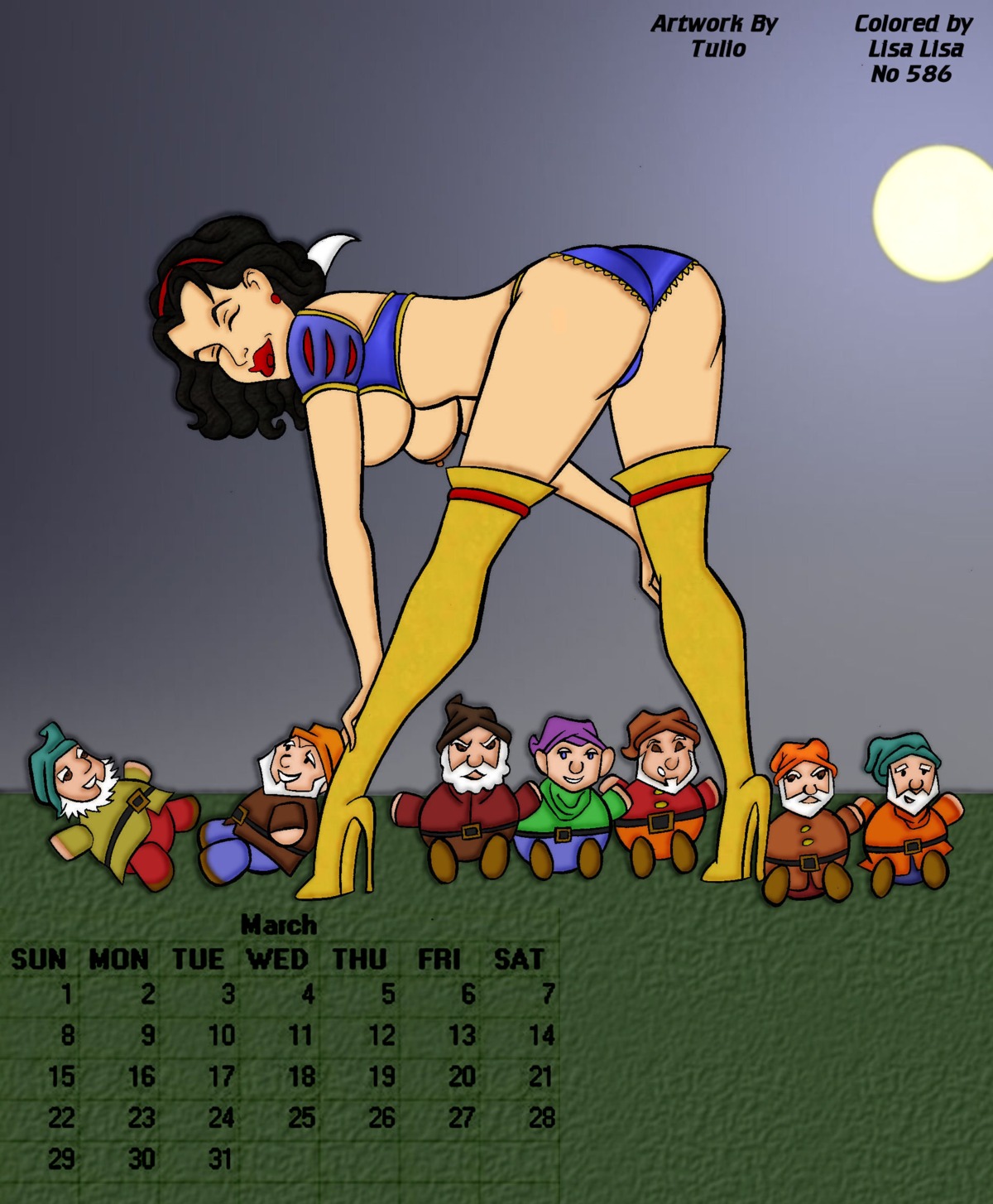 ass bashful_(snow_white) bent_over boots breasts calendar_(medium) disney disney_princess doc_(snow_white) dopey_(snow_white) dwarf female grumpy_(snow_white) happy_(snow_white) high_heel_boots lisa_lisa_(artist) male nipples princess royalty rule34 sleepy_(snow_white) sneezy_(snow_white) snow_white_(disney) snow_white_and_the_seven_dwarfs_(1937_film) thigh_boots tulio yellow_boots