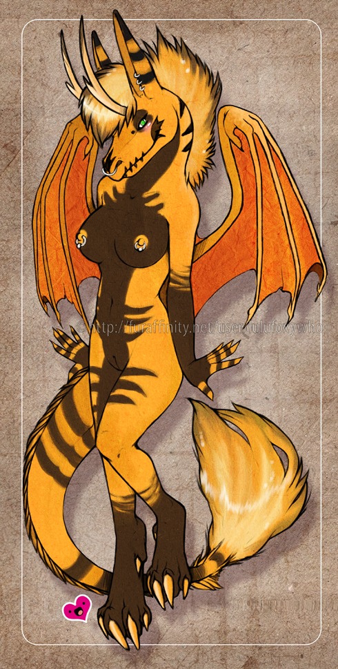 5_fingers breasts claws digital_media_(artwork) dragon e621 ear_piercing facial_piercing fawnbaby female fingers genitals heart_symbol horn membrane_(anatomy) membranous_wings mythological_creature mythological_scalie mythology nipple_piercing nipples non-mammal_breasts non-mammal_nipples nose_piercing nude orange_claws orange_nipples outline piercing scalie solo tail vulva wings
