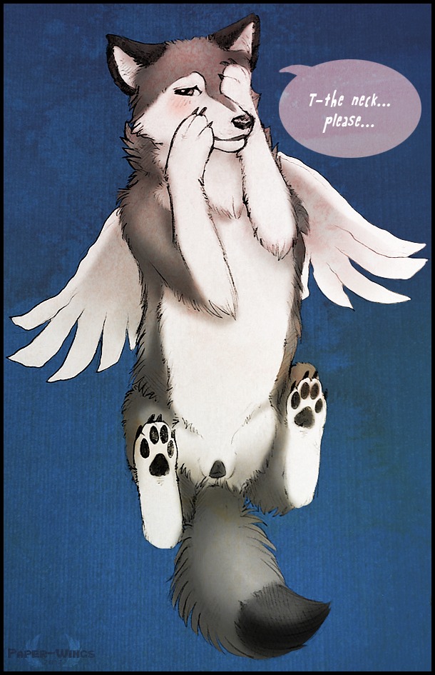 abstract_background anatomically_correct anatomically_correct_genitalia anatomically_correct_vulva animal_genitalia animal_vulva black_border black_nose border canid canine canine_genitalia canine_vulva canis claws countershading dialogue dipstick_tail e621 english_text feathered_wings feathers feet female feral genitals hindpaw looking_at_viewer mammal markings multicolored_tail paper-wings pawpads paws presenting presenting_vulva shy simple_background solo speech_bubble spread_legs spreading submissive tail tail_markings talking_feral text vulva wings wolf