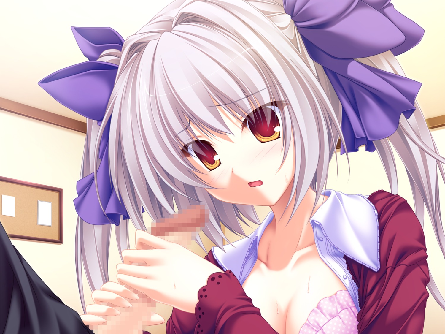 bra censored fellatio female game_cg grey_hair hair itsuki_kirara male meri_chri oral orange_eyes penis rule34 tenmaso underwear whirlpool