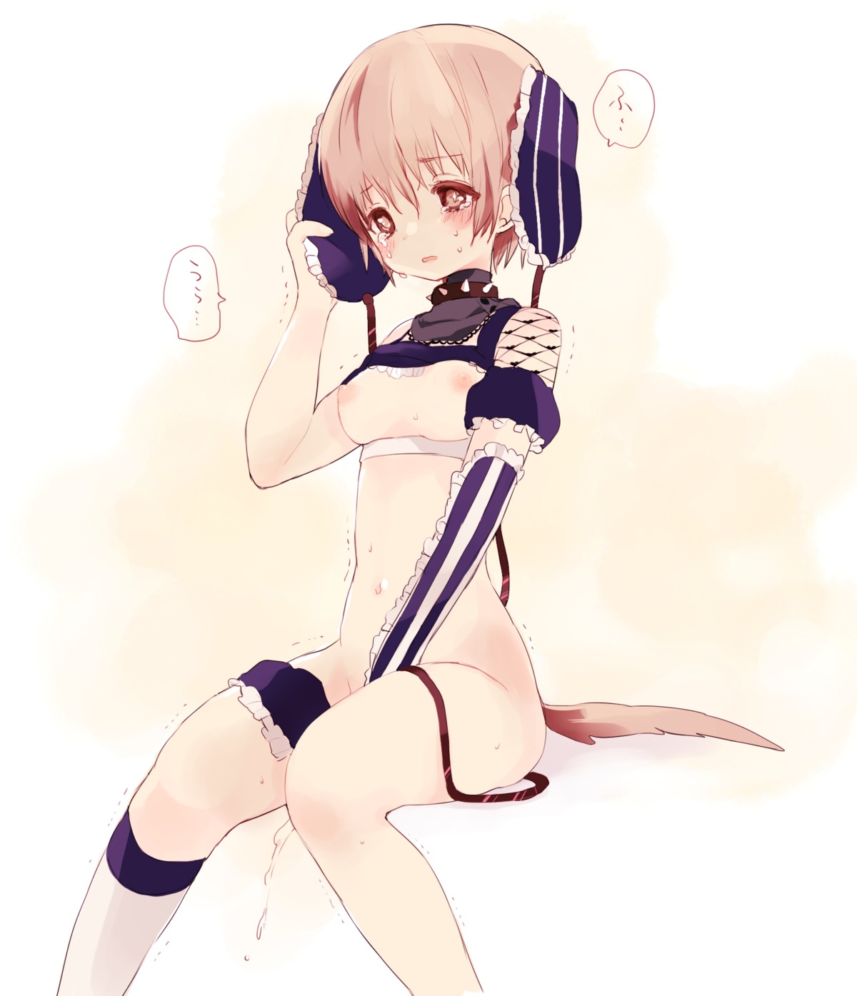 1girls blush bottomless breasts choker crying female highres maruino masturbation midriff navel nipples original pink_eyes pink_hair pussy pussy_juice rule34 short_hair sitting solo tail tear