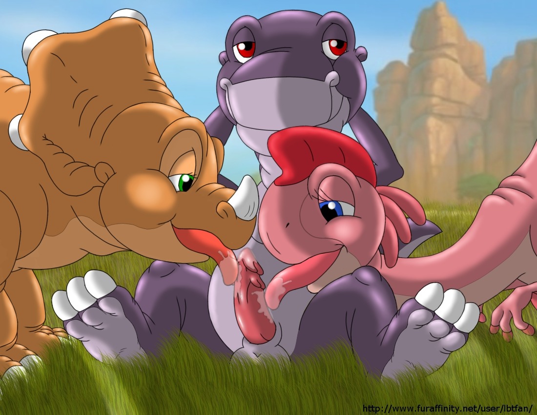 1boy 2girls balls cera chomper_(the_land_before_time) dinosaur erection fellatio female feral half-closed_eyes lbtfan looking_at_penis male penis reptile ruby_(the_land_before_time) rule34 saliva scalie sitting size_difference smile teamwork the_land_before_time threesome