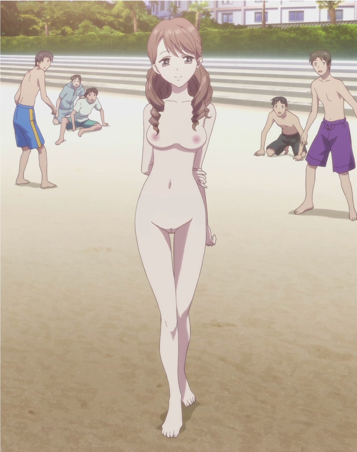 1girls arms_behind_back barefoot beach breasts brown_hair clothed_male_nude_female cmnf completely_nude drill_hair feet female hanasaku_iroha highres innie_pussy light_smile long_hair male navel nipples nude nude_female nude_filter nudist nudist_beach open_mouth photoshop pointy_chin pussy rule34 screen_capture screencap standing toes wakura_yuina zenra