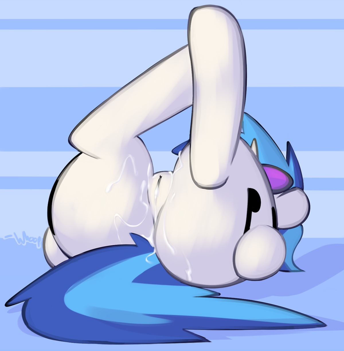 2013 blue_hair bodily_fluids butt cum cum_on_butt cum_on_leg cum_on_vulva cutie_mark digital_media_(artwork) e621 equid equine eyewear female feral friendship_is_magic fur genital_fluids genitals glasses hair hasbro hi_res horn lying mammal multicolored_hair my_little_pony mythological_creature mythological_equine mythology on_back solo sunglasses tail two_tone_hair unicorn vinyl_scratch_(mlp) vulva white_body white_fur whoop
