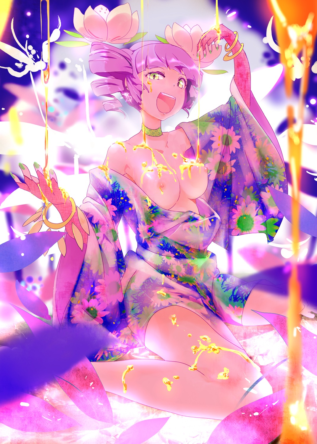 1girls breasts cloth_road drill_hair dripping earrings female fingerless_gloves flower gloves green_eyes hair_flower hair_ornament highres honey jewelry june_may large_breasts mayuge1017 nipples open_clothes open_mouth petals purple_hair rule34 short_hair sitting smile solo wariza