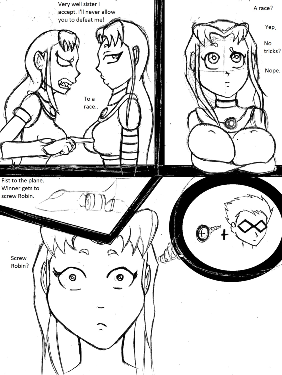 2d alien alien_girl alien_look_like_human blackfire breast_poke breasts comic dc dc_comics female komand'r koriand'r large_breasts monochrome rule34 sketch starfire straight_hair teen_titans