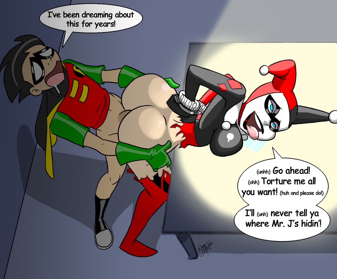 1boy 1girls aeolus06 ahe_gao anal anal_penetration anal_sex ass ass_focus batman:_the_animated_series batman_(series) bedroom_eyes bent_over bent_over_table big_ass blue_eyes bottomless breast_press breasts bubble_ass bubble_butt cartoon_network cdb2 clothing cuffs dc_comics dcau dick_grayson doggy_style drool drooling english_text female female_penetrated from_behind fucked_silly gloves grabbing_from_behind grabbing_hips handcuffs hands_on_hips harley_quinn harley_quinn_(classic) harley_quinn_(dcau) huge_ass human interrogation_room kink light-skinned_female light-skinned_male light_skin male open_mouth pale-skinned_female pale_skin pleasure_face rape red_lipstick restrained robin_(dc) robin_(dick_grayson) rule34 sex sex_from_behind slim2k6 slim_dacommissioner speech_bubble straight straight_hair table teen_titans tongue tongue_out torn_clothes villainess