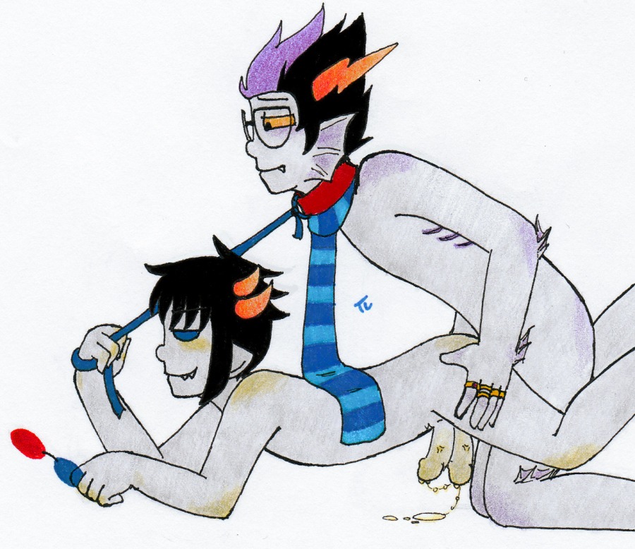 2boys anal black_hair blue_eyes collar diphallia diphallism eridan_ampora fins gay gills glasses grey_skin homestuck horns leash male ms_paint_adventures multi_genitalia multi_penis naked pandemoniumincarnate penis pointy_ears precum purple_highlights rings rule34 scarf sharp_teeth short_hair smile sollux_captor source_request troll white_background yellow_eyes