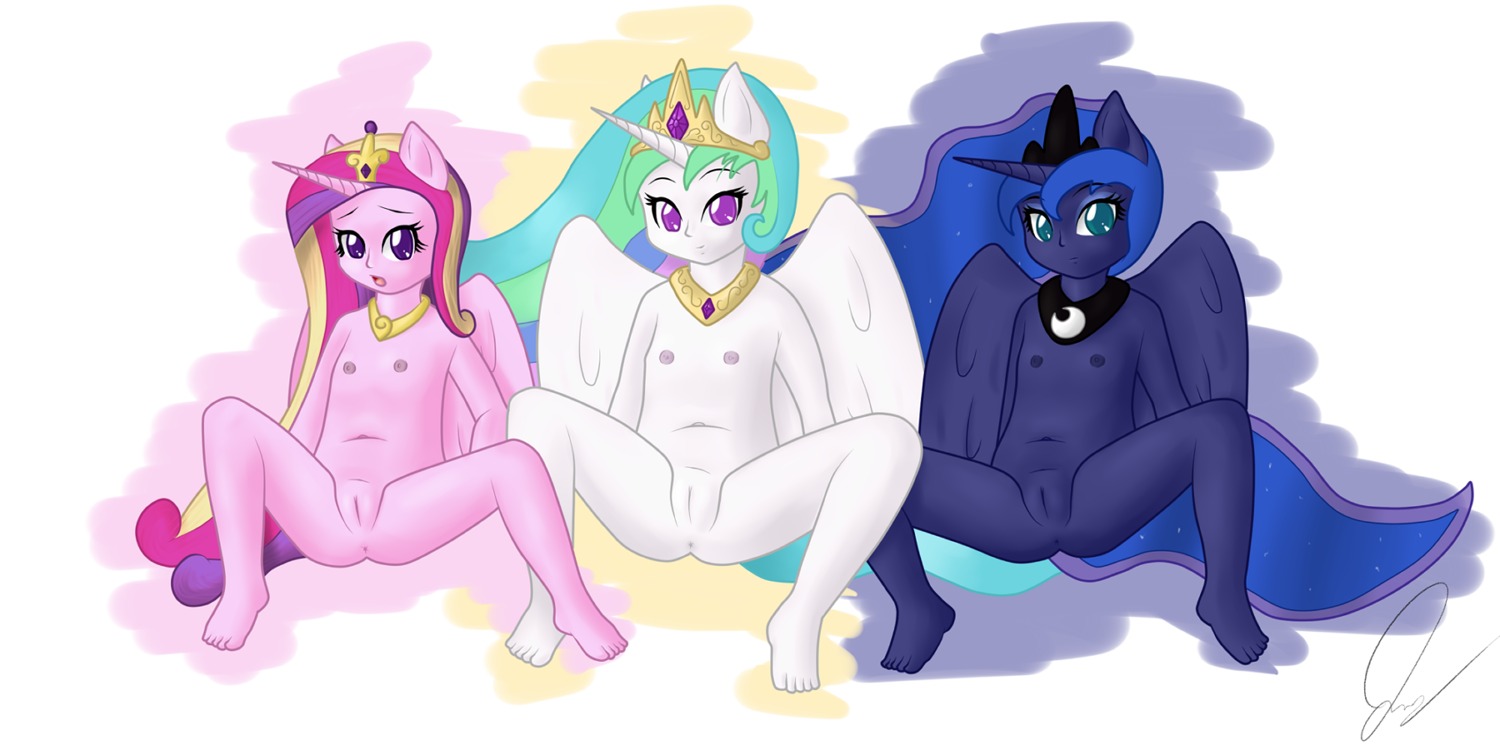 2013 2:1 anonjg anthro anthrofied anus blue_body blue_eyes blue_feathers crown e621 equid equine feathered_wings feathers female flat_chested friendship_is_magic genitals group hasbro headgear horn looking_at_viewer mammal my_little_pony mythological_creature mythological_equine mythology nipples nude pink_body pink_feathers pose princess princess_cadance_(mlp) princess_celestia_(mlp) princess_luna_(mlp) purple_eyes royalty simple_background sitting vulva white_background white_body white_feathers winged_unicorn wings young young_anthro