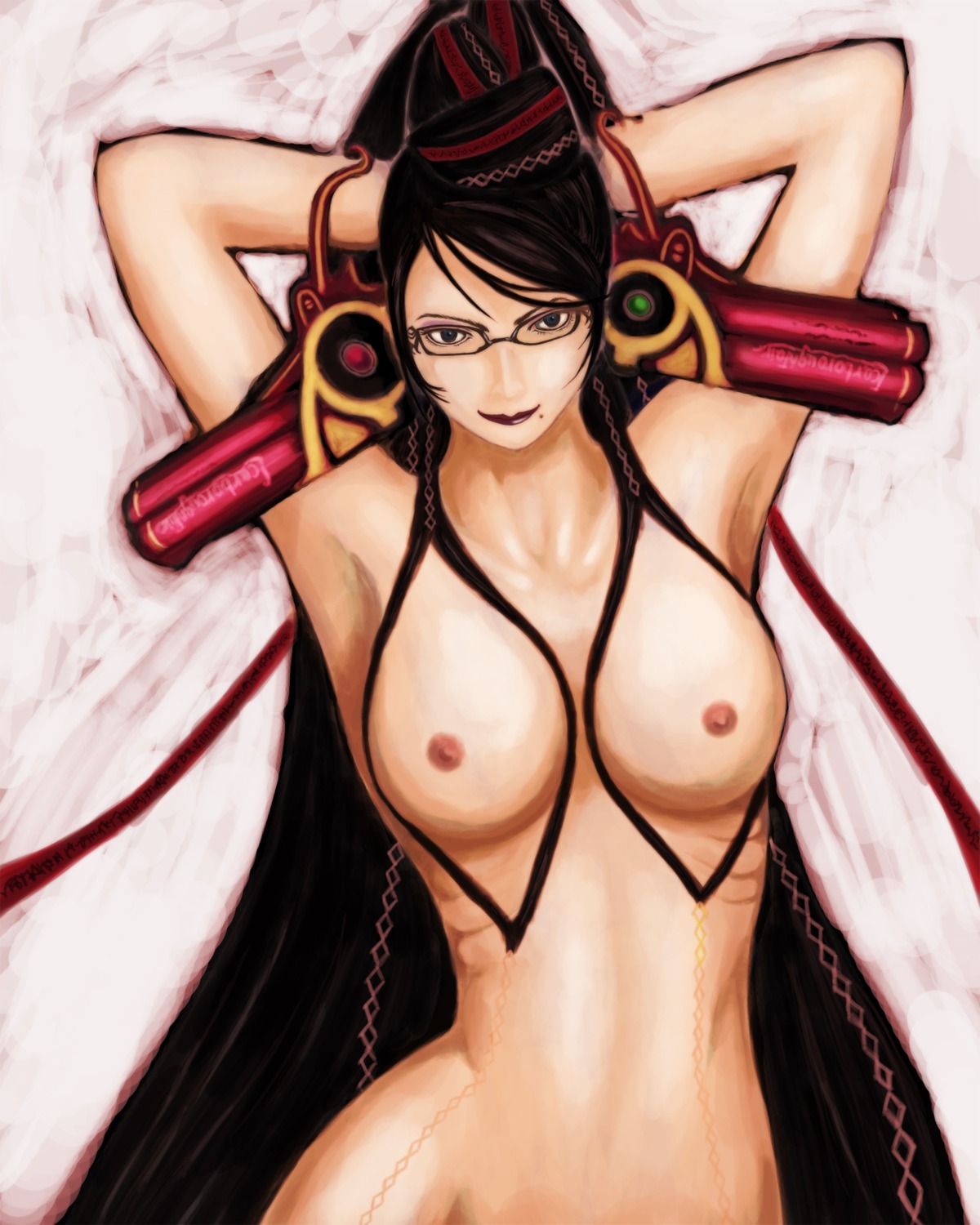 1girls armpits bayonetta bayonetta_(character) breasts brown_eyes female female_only female_torso futamine glasses gun hair_bun highres long_hair mole nipples red_ribbon ribbon rule34 sega sexy_armpits solo very_long_hair weapon