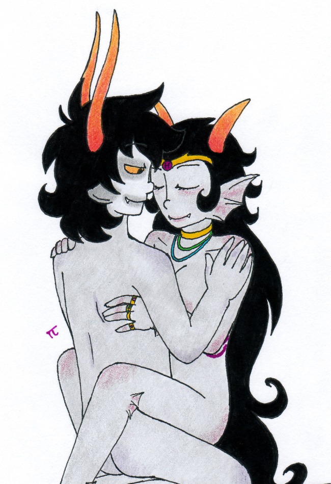 1boy 1girls ass black_hair breasts closed_eyes crown facepaint fangs feferi_peixes female fins gamzee_makara gills grey_skin homestuck horns long_hair male ms_paint_adventures naked necklace pandemoniumincarnate pointy_ears rings rule34 short_hair smile source_request straight troll white_background yellow_eyes