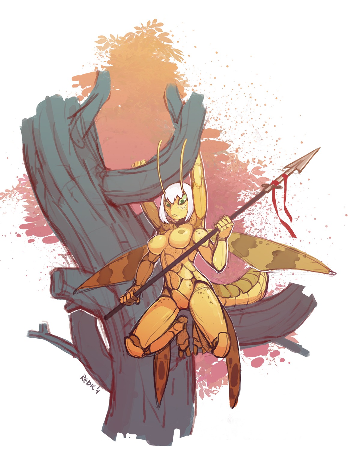 2014 antennae_(anatomy) anthro areola arthropod breasts e621 female freckles full-length_portrait genitals hair hi_res holding_object holding_weapon insect looking_at_viewer melee_weapon multi_arm multi_limb nipples non-mammal_breasts non-mammal_nipples nude plant polearm portrait redic-nomad short_hair solo spear tree tribal vulva weapon white_hair wings