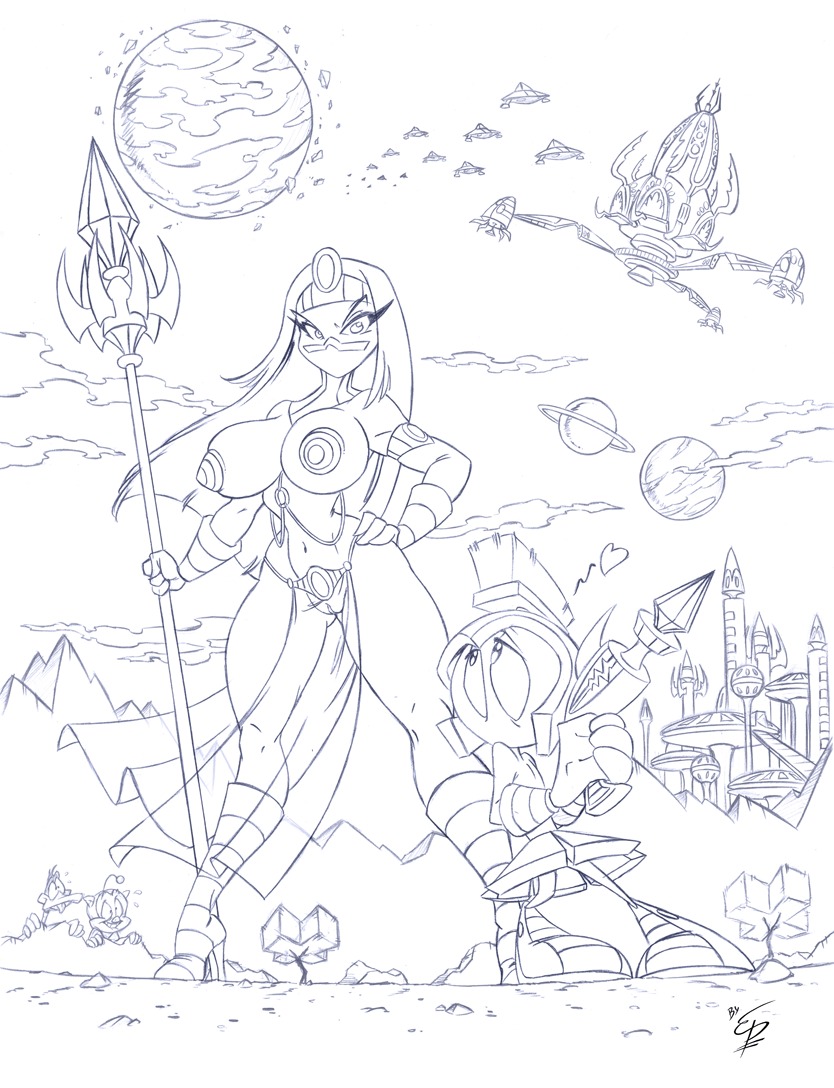 alien alien_girl alien_humanoid almost_nude black_and_white bottomless breasts cartoon_network daffy_duck duck duck_dodgers eltonpot female female_focus going_commando high_heels large_breasts line_art lineart looney_tunes male martian martian_(duck_dodgers) marvin_the_martian pig pointy_chin porky_pig pussy pussy_visible_through_clothes queen_tyr'ahnee rule34 sexy smooth_skin warner_bros warner_brothers